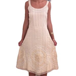 Vintage 2000s Persaman Cream A line Midi Dress Embroidered Lace Floral Size 10
